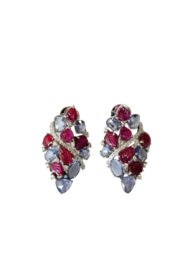 Natural Blue Sapphire & Diamond Earrings - 18k White Gold Carved Ruby Women Earrings Hover Image