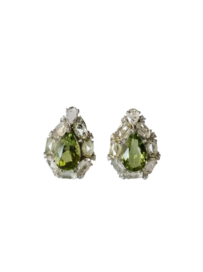 Natural Pear Shape Tourmaline & White Sapphire Stud Earrings - 18k White Gold Diamond Earrings Hover Image