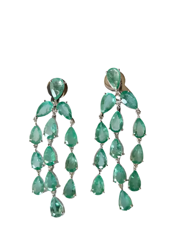 Natural Colombian Emerald Dangle Earrings - 18k White Gold Diamond Chandelier Earrings for Women Hover Image