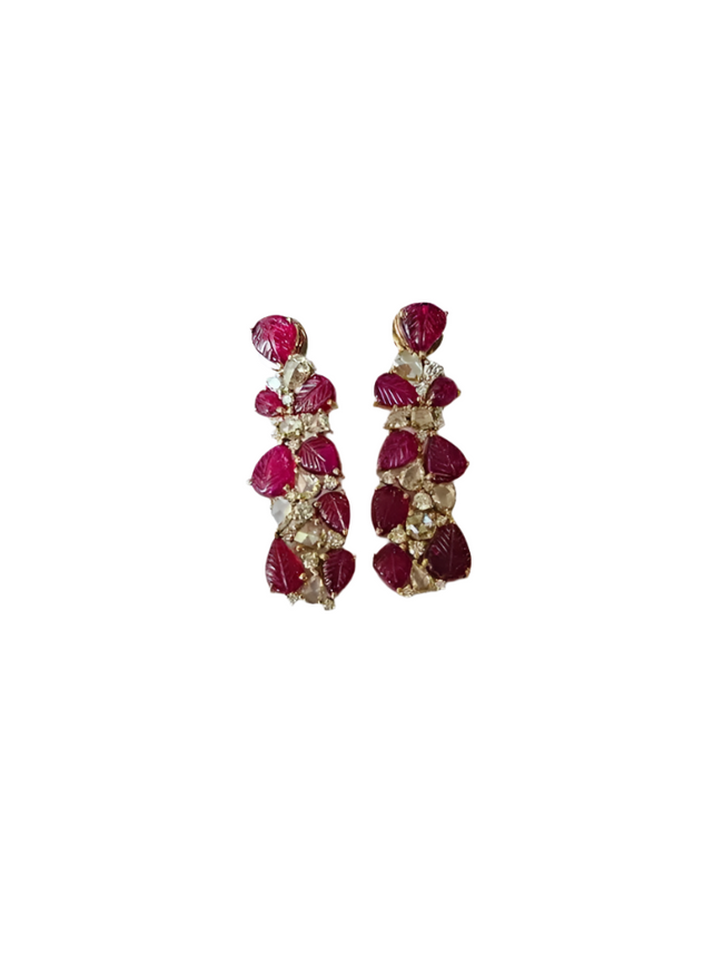 18k Rose Gold Mozambique Ruby Dangle Earrings - Natural Rose Cut Diamond Chandelier Earrings Hover Image