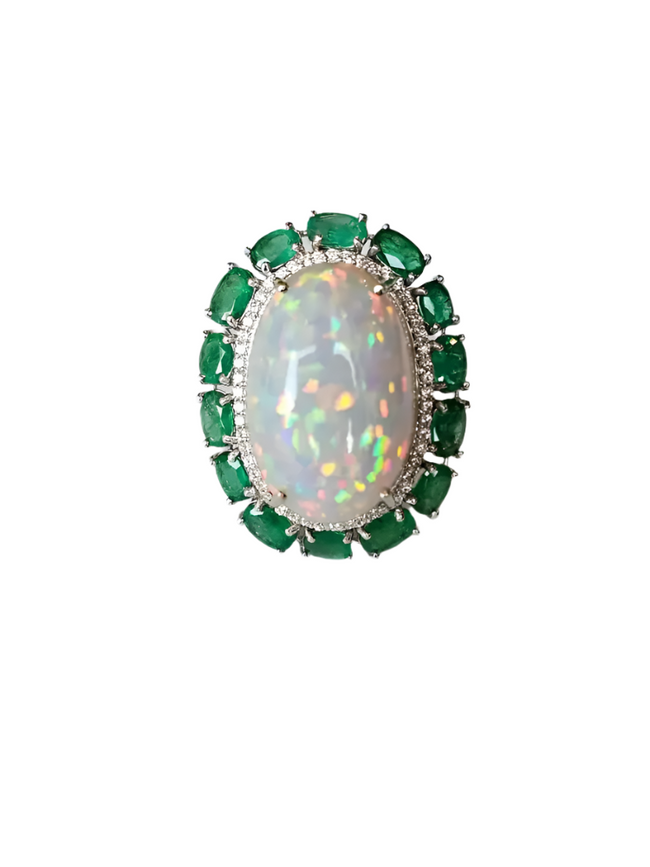 Natural Ethiopian Opal & Zambian Emerald Cocktail Ring - 18k White Gold Diamond Wedding Ring Hover Image