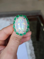 Natural Ethiopian Opal & Zambian Emerald Cocktail Ring - 18k White Gold Diamond Wedding Ring