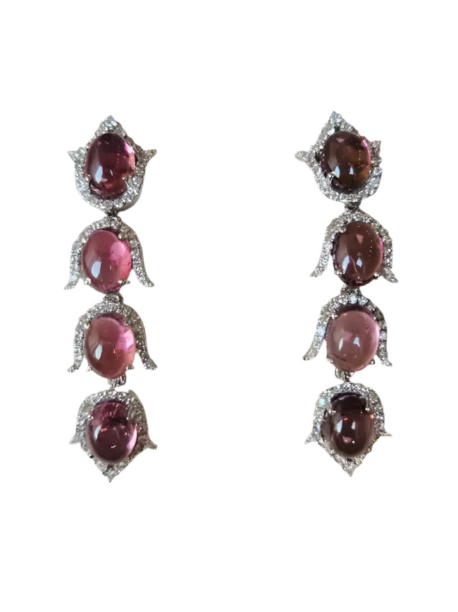 Natural Rubellite Gemstone Dangle Earrings - 18k White Gold Diamond Earrings Hover Image
