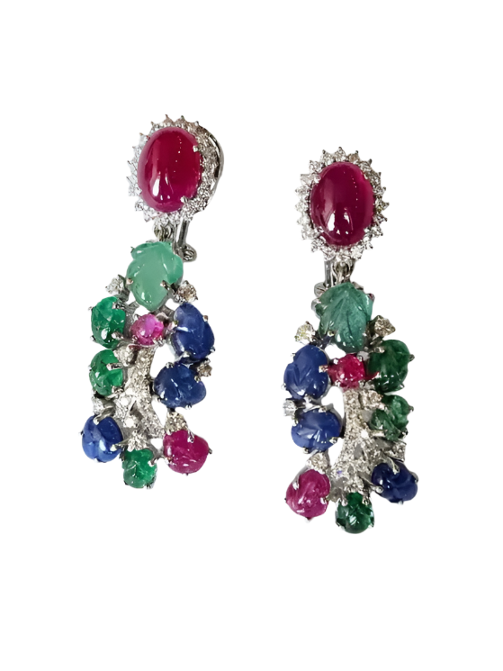 18k White Gold Diamond Dangle Earrings - Natural Ruby, Carved Emerald & Blue Sapphire Earrings Hover Image