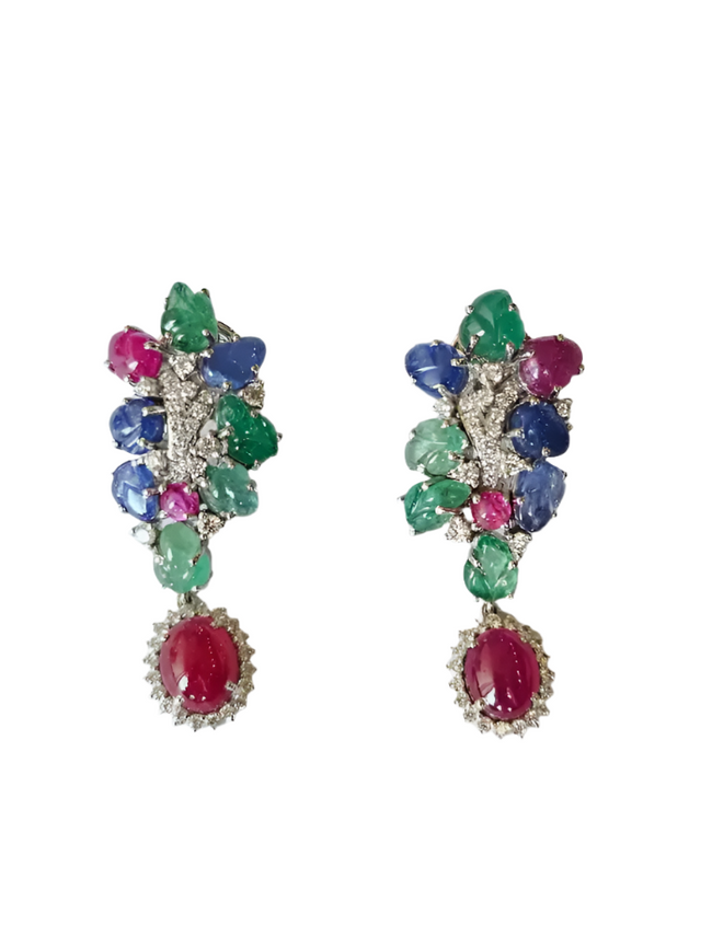 Natural Mozambique Ruby, Zambian Emerald & Blue Sapphire Dangle Earrings - 18k White Gold Diamond Chandelier Earrings Hover Image