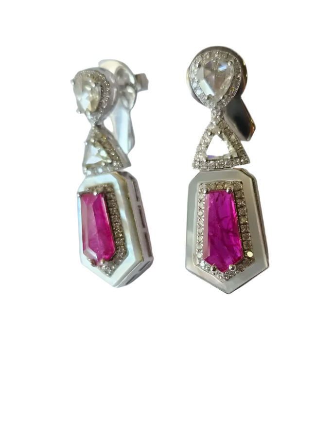 Natural Mozambique Ruby & Pearl Dangle Earrings - 18k White Gold Rose Gold Handmade Earrings Hover Image