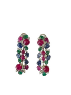 18k White Gold Diamond Dangle Earrings - Natural Mozambique Ruby, Zambian Emerald & Carved Blue Sapphire Earrings