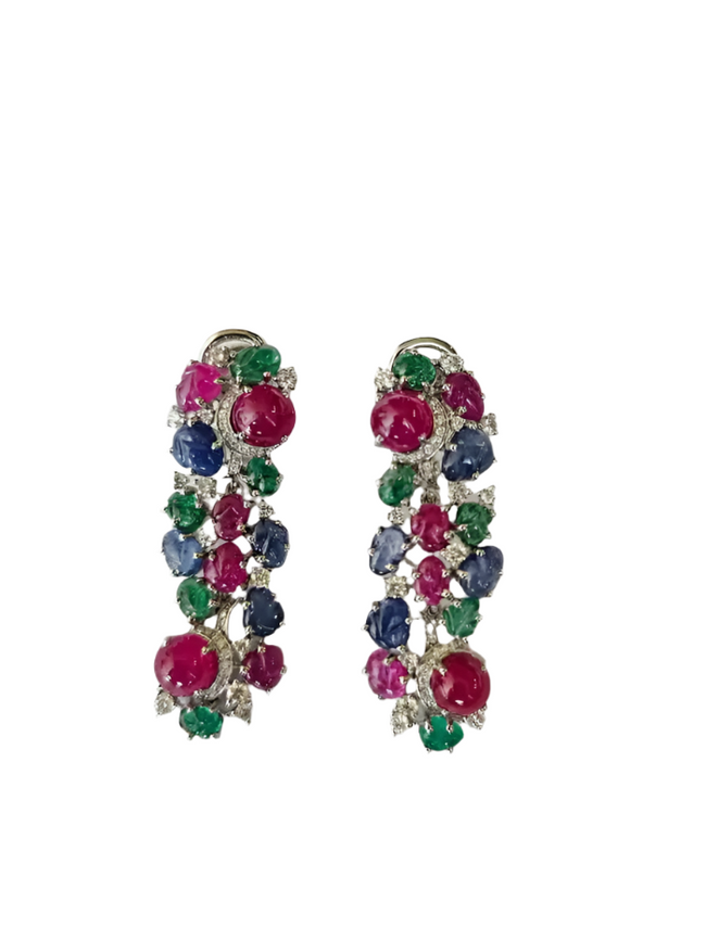 18k White Gold Diamond Dangle Earrings - Natural Mozambique Ruby, Zambian Emerald & Carved Blue Sapphire Earrings Hover Image
