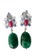 18k White Gold Diamond Dangle Earrings - Natural Blue Sapphire, Mozambique Ruby & Zambian Emerald Tumble Earrings