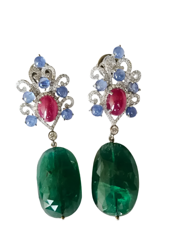 18k White Gold Diamond Dangle Earrings - Natural Blue Sapphire, Mozambique Ruby & Zambian Emerald Tumble Earrings Hover Image