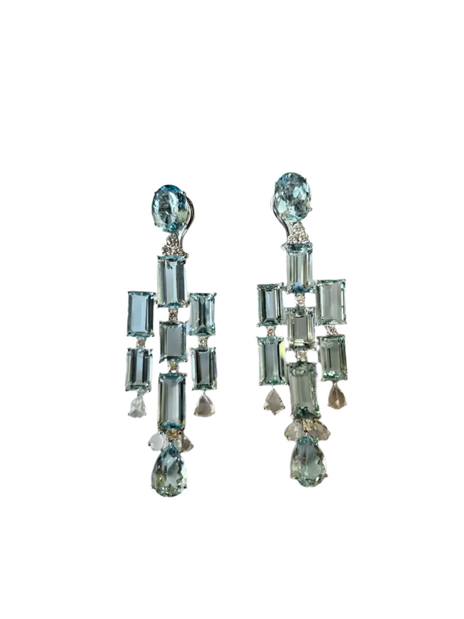 Natural Aquamarine Gemstone Chandelier Earrings - 18k White Gold Diamond Handmade Dangle Earrings Hover Image