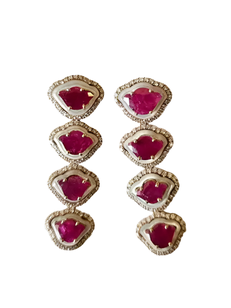 Natural Mozambique Ruby & Pearl Dangle Earrings - 18k Gold Diamond Bridesmaid Earrings Hover Image