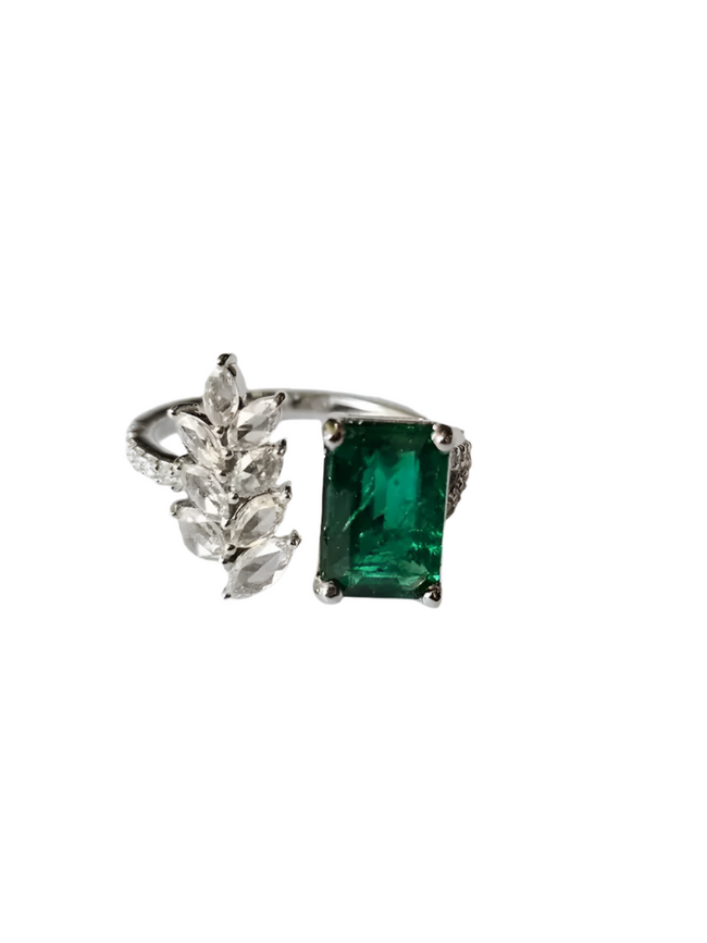 Natural Zambian Emerald Cuff Ring - 18k White Gold Rose Cut Diamond Wedding Ring Hover Image