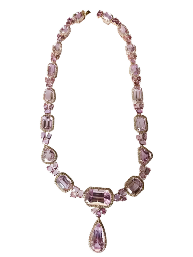 Natural Ceylon Pink Sapphire & Kunzite Necklace - 18k Rose Gold Diamond Necklace - Best Anniversary Gift Hover Image