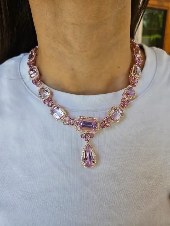 Natural Ceylon Pink Sapphire & Kunzite Necklace - 18k Rose Gold Diamond Necklace - Best Anniversary Gift Main Image