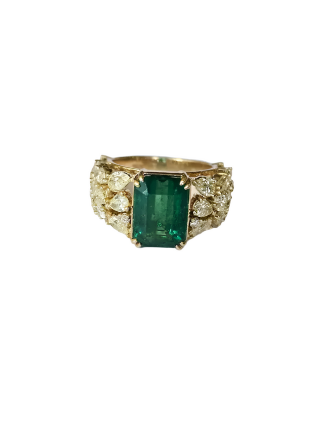 Natural Zambian Emerald Statement Ring - 18k Yellow Gold & Yellow Diamonds Wedding Ring Hover Image