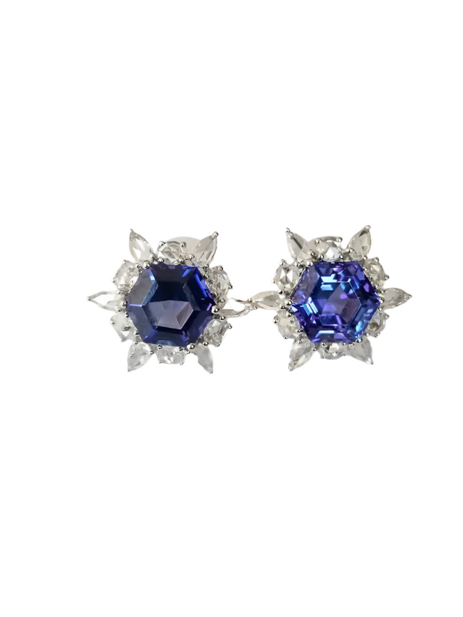 9.83 Ct. Natural Tanzanite Gemstone Minimalist Stud Earrings - 18k White Gold Rose Cut Diamonds Star Earrings - December Birthstone Earrings Hover Image