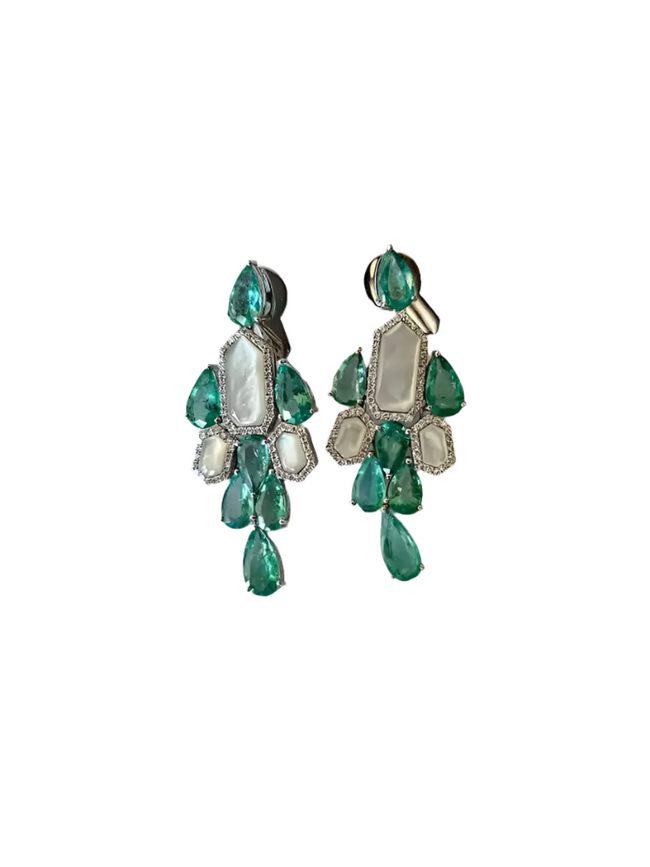 Natural Colombian Emerald & Pearl Chandelier Earrings - 18k White Gold Diamond Dangle Earrings Hover Image