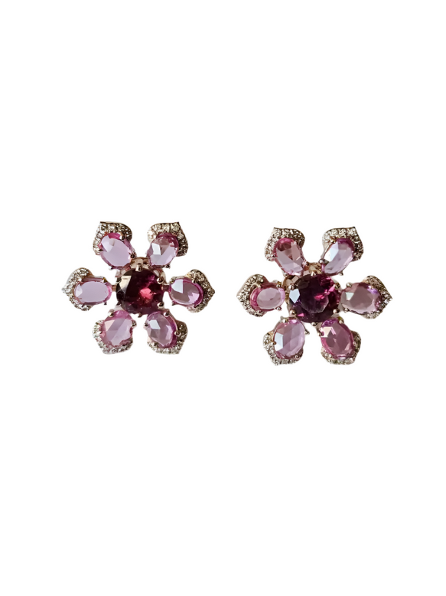 Natural Ceylon Pink Sapphires & Tourmaline Gemstone Floral Stud Earrings - 18k Rose Gold Diamond Earrings Hover Image