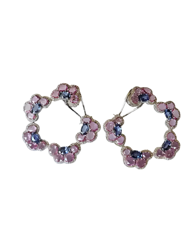 Natural Ceylon Blue & Pink Sapphire Gemstone Hoop Earrings - 18k White Gold Diamond Women Earrings Hover Image