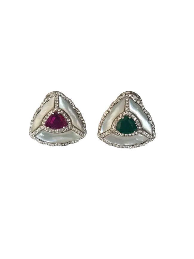 18k White Gold Handmade Diamond Stud Earrings - Natural Zambian Emerald, Mozambique Ruby & Pearl Stud Earrings Hover Image