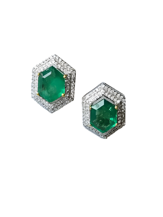 Natural Zambian Emerald Stud Earrings - 18k White Gold Diamond Tiny Stud Earrings Hover Image