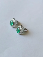 Natural Zambian Emerald Stud Earrings - 18k White Gold Diamond Tiny Stud Earrings