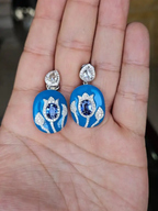 18k White Gold Rose Cut Diamond Handmade Dangle Earrings - Natural Blue Sapphire & Blue Enamel Earrings
