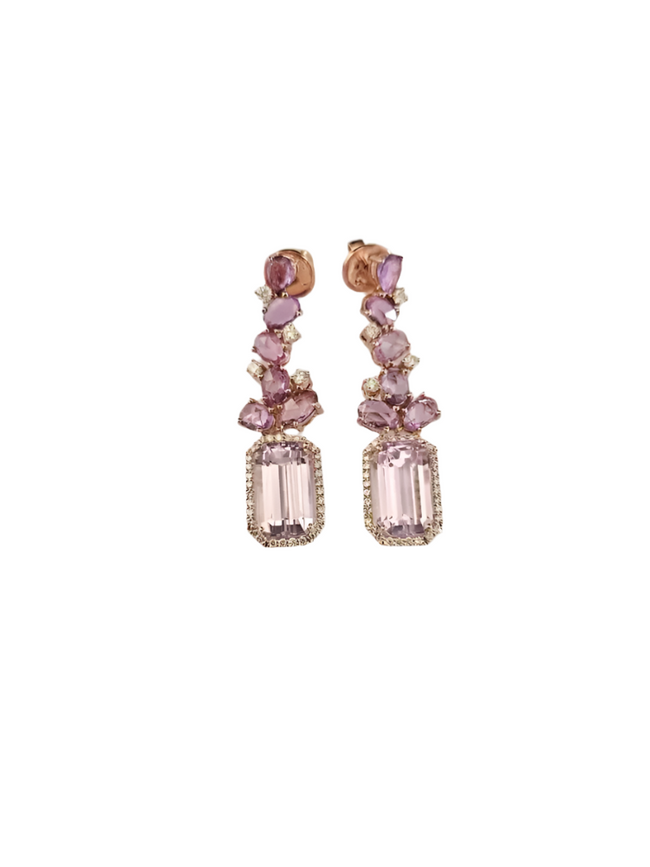 18k Rose Gold Kunzaite Gemstone Dangle Earrings - Natural Diamond & Pink Sapphire Wedding Earrings Hover Image