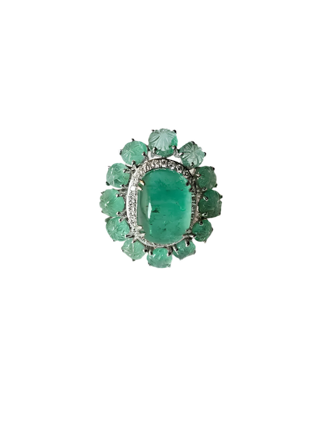 Natural Colombian Emerald Dome Ring - 18k White Gold Diamond Cocktail Ring - Wedding Gift Hover Image