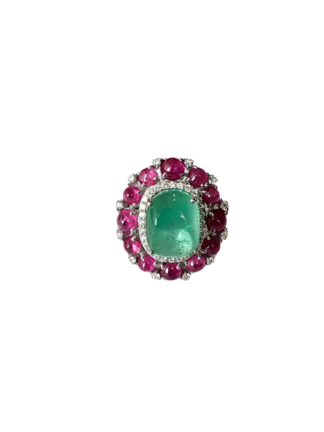 18k White Gold Diamond Cocktail Ring - Natural Colombian Emerald & Ruby Statement Ring Hover Image