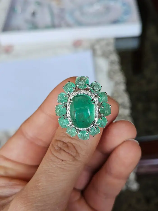 Natural Colombian Emerald Dome Ring - 18k White Gold Diamond Cocktail Ring - Wedding Gift Main Image