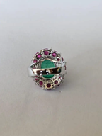 18k White Gold Diamond Cocktail Ring - Natural Colombian Emerald & Ruby Statement Ring