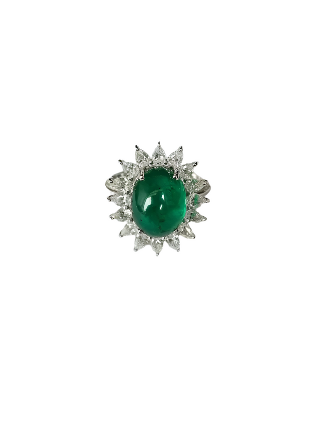 18k White Gold Handmade Diamond Ring - Natural Zambian Emerald Cocktail Ring Hover Image