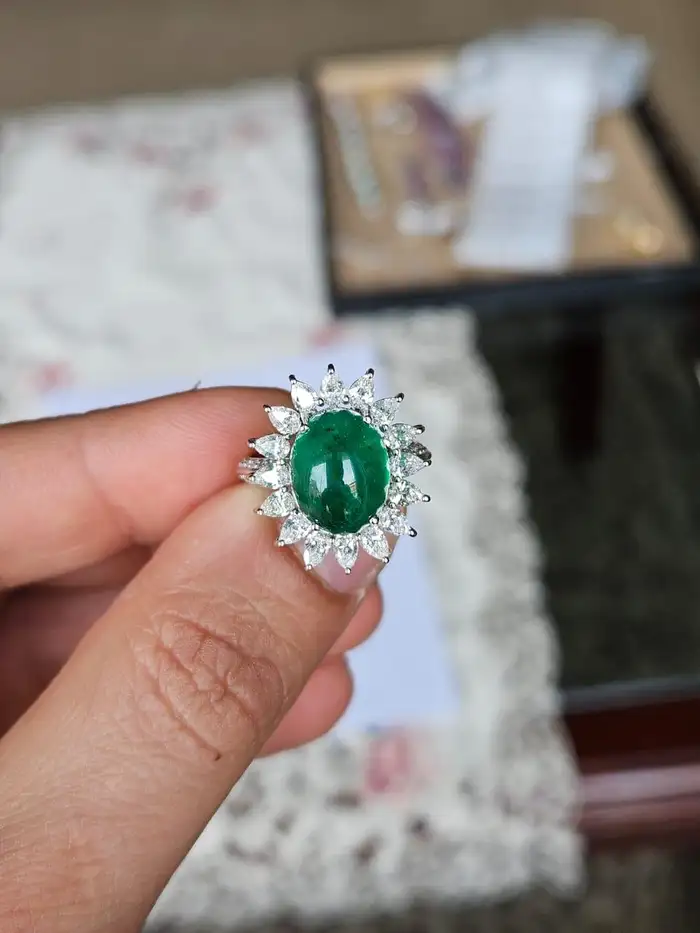 18k White Gold Handmade Diamond Ring - Natural Zambian Emerald Cocktail Ring