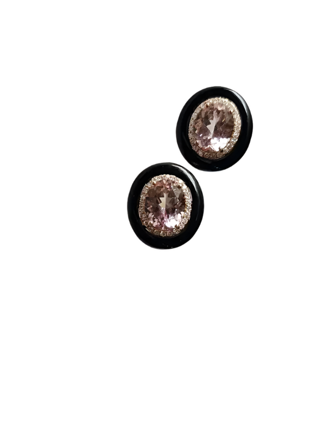 18k Rose Gold Diamond & Morganite Gemstone Stud Earrings - Black Onyx Earrings Hover Image