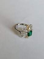 Natural Rose Cut Diamond Cocktail Ring - 18k White Gold Zambian Emerald Wedding Ring