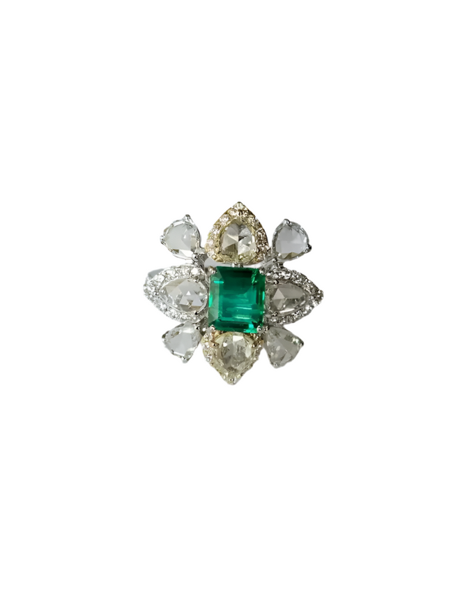 Natural Rose Cut Diamond Cocktail Ring - 18k White Gold Zambian Emerald Wedding Ring Hover Image