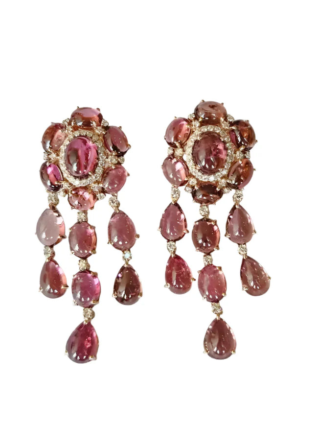 39.21 Ct. Cabochon Tourmaline Gemstone Dangle Earrings - 18k Rose Gold Diamond Wedding Earrings Hover Image
