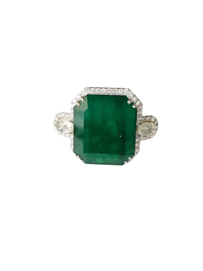 Natural 24.51 Ct. Zambian Emerald Engagement Ring - 18k White Gold Rose Cut Diamond Statement Ring Hover Image