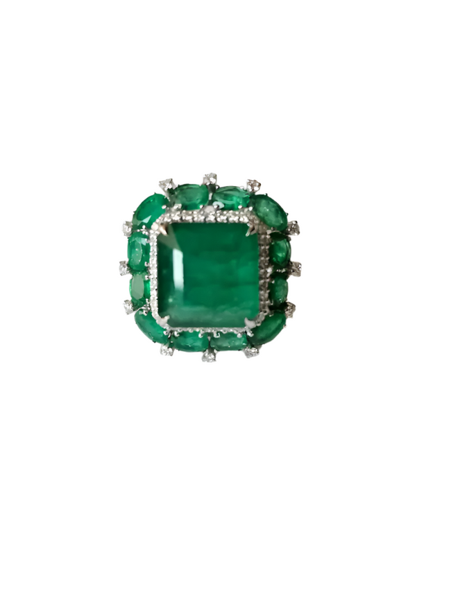 Natural Zambian Emerald & Diamond Wedding Anniversary Ring - 18k White Gold Handmade Women Ring Hover Image