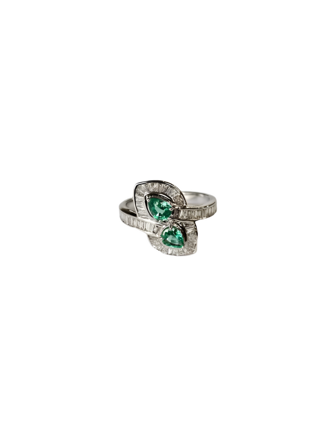 18k White Gold Tapered Baguette Diamonds Engagement Ring - Natural Pear Shape Zambian Emerald Wedding Ring Hover Image