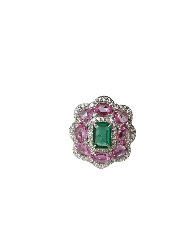 Natural Ceylon Pink Sapphire & Zambian Emerald Gemstone Gold Cocktail Ring - 18k White Gold Diamond Wedding Ring Hover Image