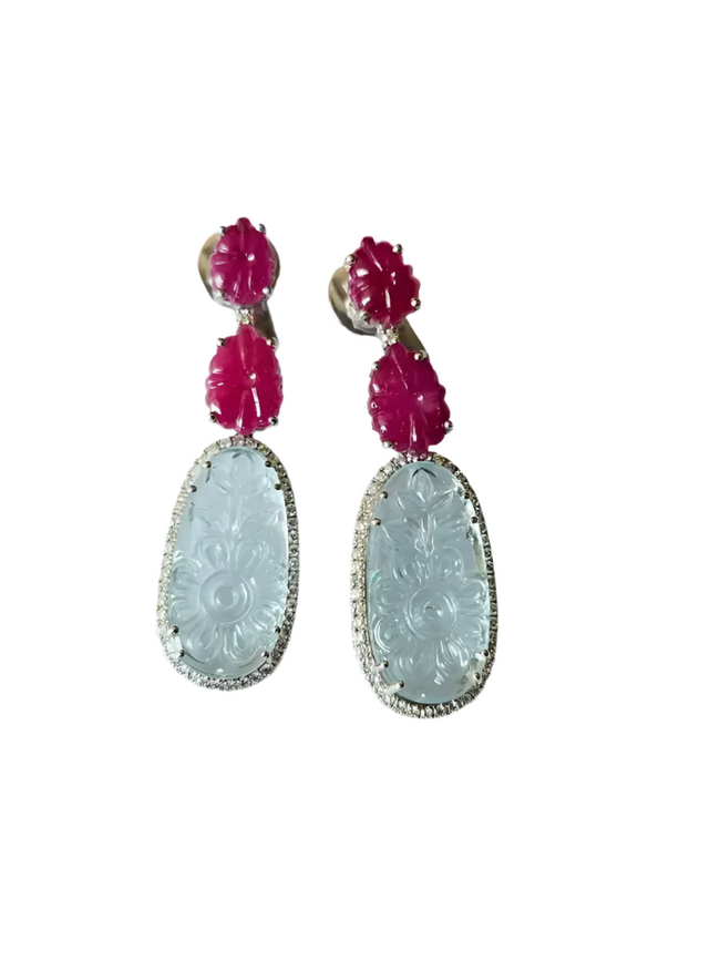 Natural Mozambique Ruby & Aquamarine Gemstone Dangle Earrings - 18k White Gold Diamond Earrings Hover Image
