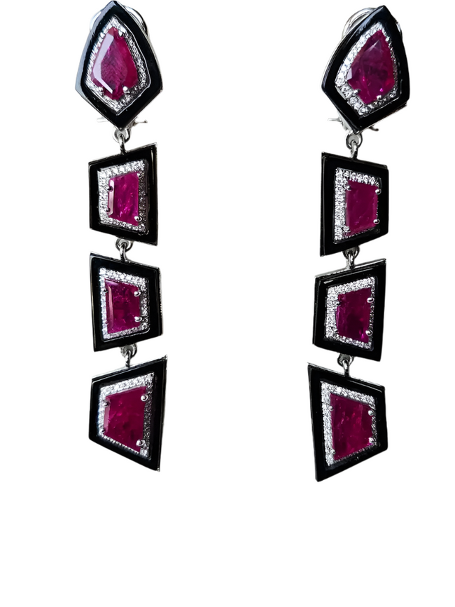 18k White Gold Diamond Dangle Women Earrings - Natural Mozambique Ruby & Black Onyx Statement Earrings Hover Image