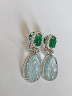 Natural Zambian Emerald & Aquamarine Gemstone Dangle Earrings - 18k White Gold Rose Cut Diamond Earrings