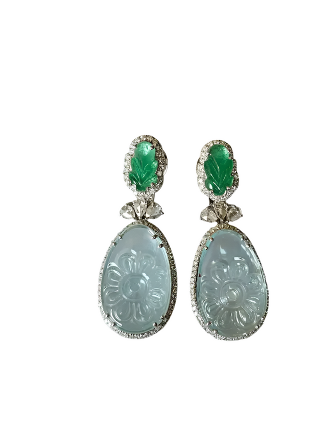 Natural Zambian Emerald & Aquamarine Gemstone Dangle Earrings - 18k White Gold Rose Cut Diamond Earrings Hover Image