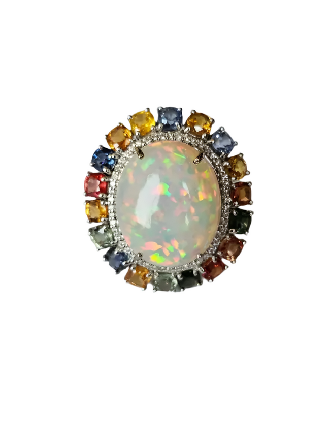Natural Ethiopian Opal 18k White Gold Statement Ring - Ceylon Multi Sapphire & Diamond Wedding Ring Hover Image