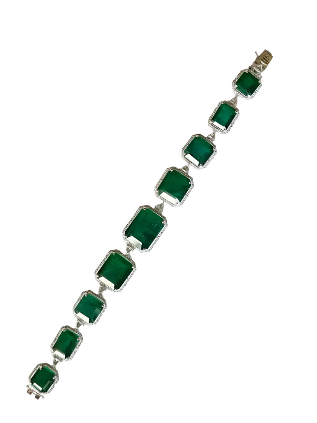 18k White Gold Handmade Modern Bracelet - Natural Zambian Emerald & Diamond Bracelet Hover Image