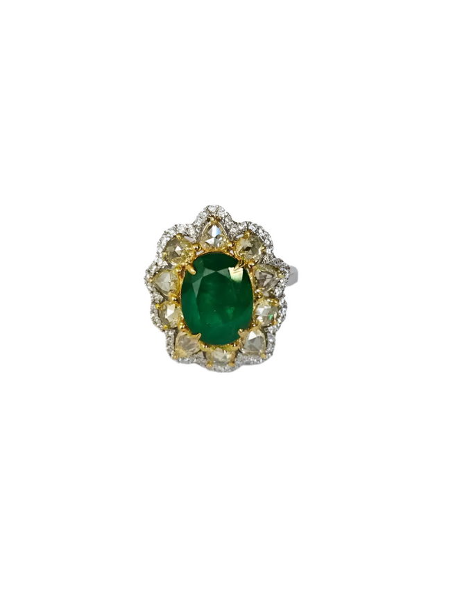 Natural Zambian Emerald Cocktail Ring - Solid 18k White Gold Yellow Diamond Wedding Ring Hover Image